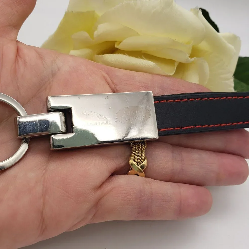 Jaguar Land Rover Chrome and Black Leather Strap Key Chain Fob Luxury Car